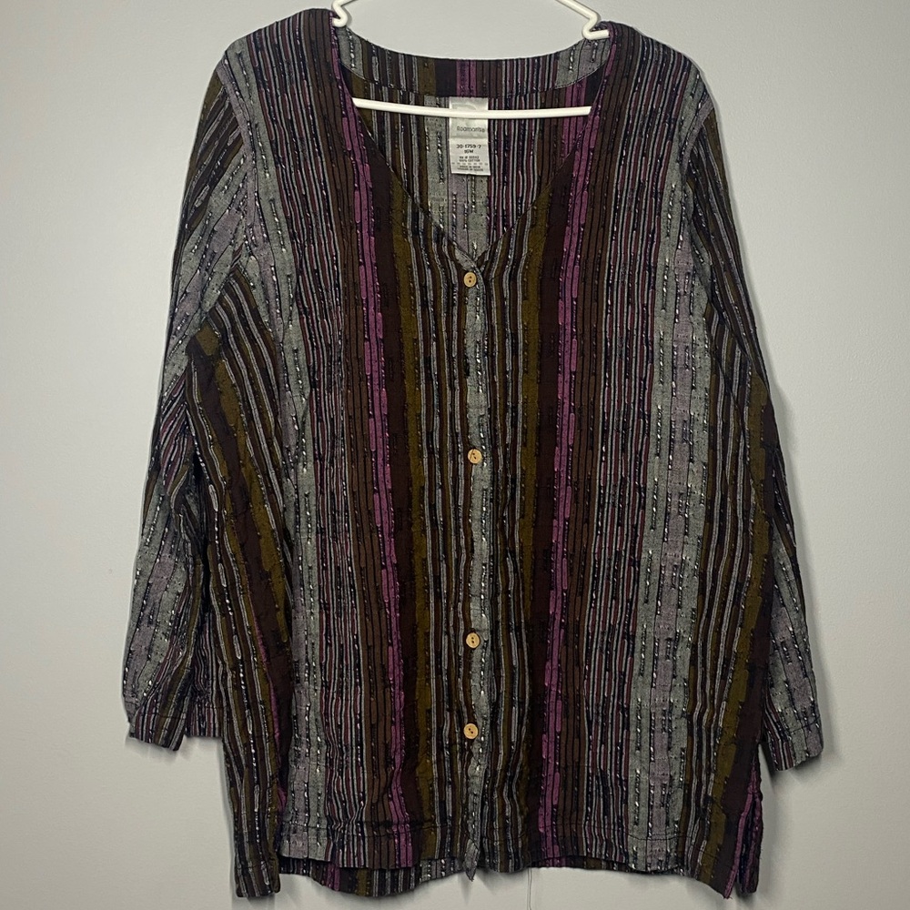 Striped Multicolor Women's Button Down Tunic Top Cotton Size M/L